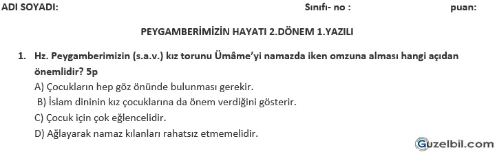 5.Sınıf Peygamberimizin Hayatı 2.Dönem 1.Yazılı Soruları