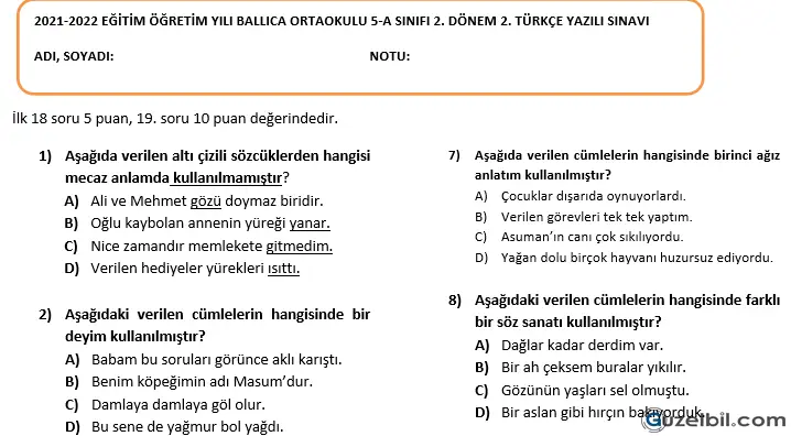 5.Sınıf Türkçe 2.Dönem 2.Yazılı Soruları