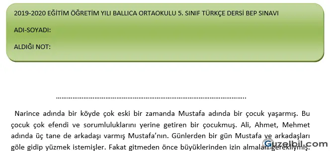 5.Sınıf Türkçe Bep Yazılısı 1.Dönem 1.Sınav