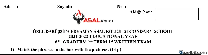 6.Sınıf İngilizce 2.Dönem 1.Yazılı 2021-2022