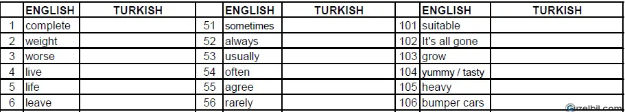 6.Sınıf İngilizce Türkçe Kelimeler Öğrenci Çalışması