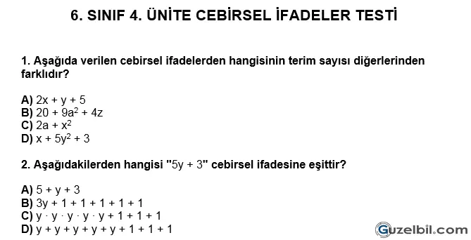 6.Sınıf Matematik 4.Ünite Cebirsel İfadeler Testi Ve Cevap Anahtarı