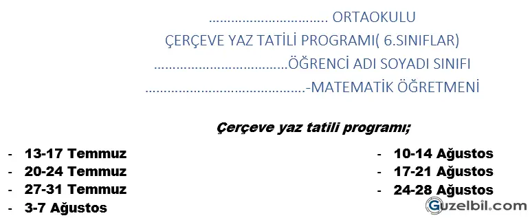 6.Sınıf Matematik Yaz Dönemi Kaynaştırma Öğrencileri Çerçeve Çalışma Programı