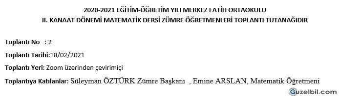 Matematik 2.Dönem Zümre Toplantı Tutanağı