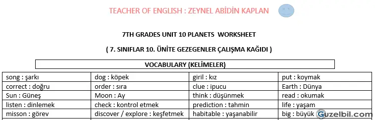 7.Sınıf İngilizce 7Th Grades Unit 10 Planets Worksheet
