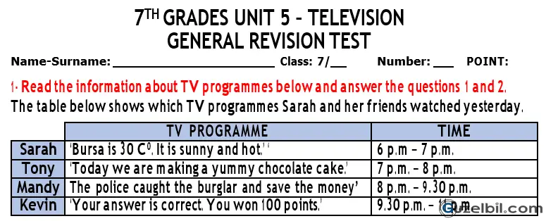 7.Sınıf İngilizce Dersi 5.Ünite Television General Revision Test