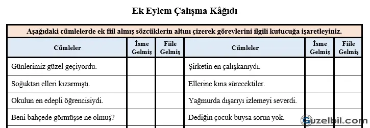 7.Sınıf Türkçe Ek Eylem Ek Fiil Etkinlik Kağıdı