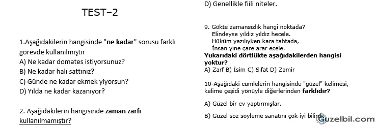 7.Sınıf Türkçe Zarflar Ve Çeşitleri Testi Ve Cevapları