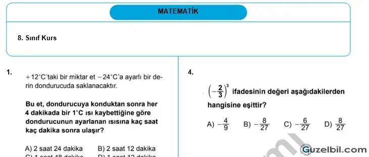 8.Sınıf Matematik Yaz Kursu Deneme Sınavı Soruları
