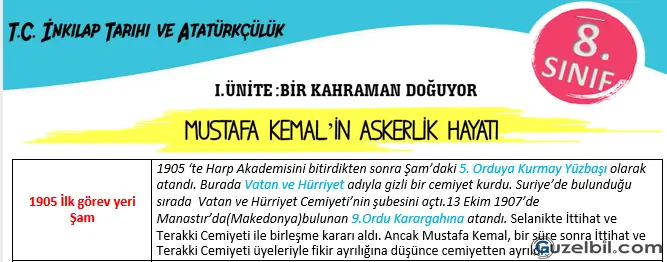 8.Sınıf T. C. İnkılap Tarihi Ve Atatürkçülük Mustafa Kemal Askerlik Hayatı Ders Notu