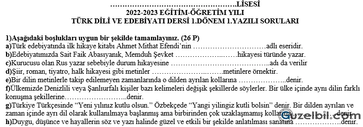 9.Sınıf Türk Dili ve Edebiyatı 1.Dönem 1.Yazılı Soruları Ve Cevapları 2022