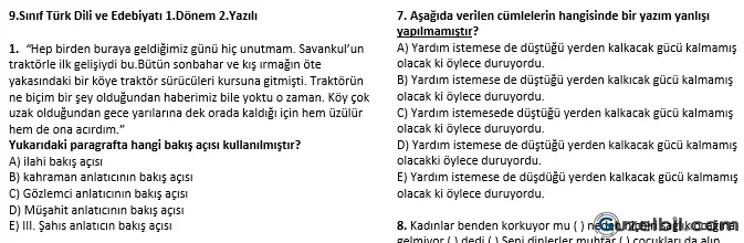 9.Sınıf Türk Dili ve Edebiyatı 1.Dönem 2.Yazılı Soruları 2022