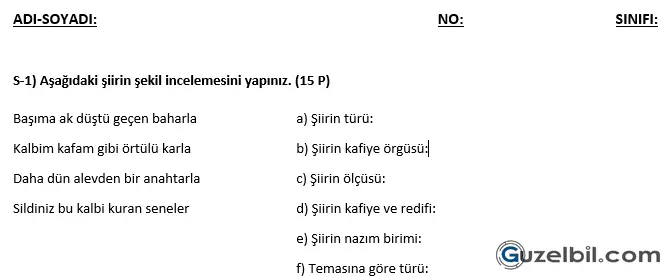 9.Sınıf Türk Dili Ve Edebiyatı 2.Dönem 1.Sınav Soruları Ve Cevap Anahtarı 8