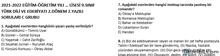 9.Sınıf Türk Dili ve Edebiyatı Dersi 2.Dönem 2.Yazılı Soruları 2021