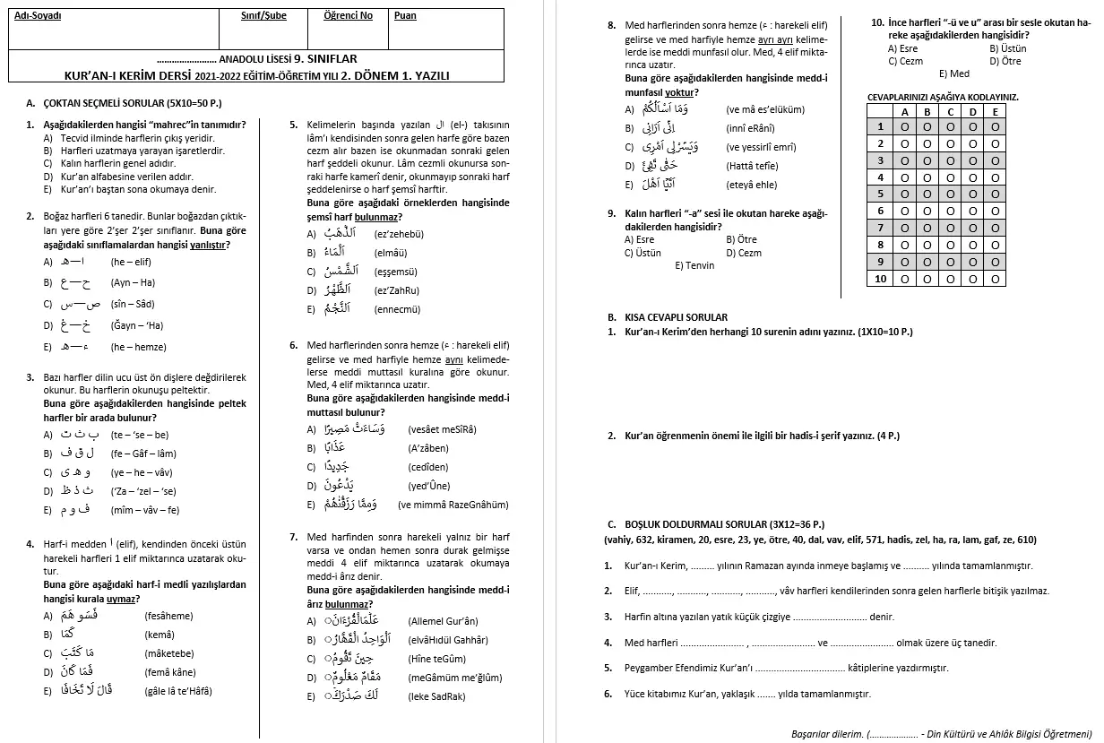 9.Sınıf Kuran-ı Kerim 2.Dönem 1.Yazılı Soruları