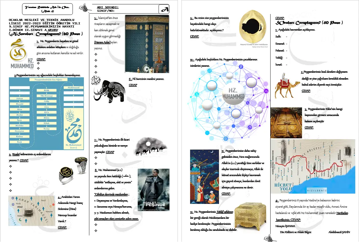 9.Sınıf Peygamberimizin Hayatı 1.Dönem 2.Yazılı Sınav Soruları